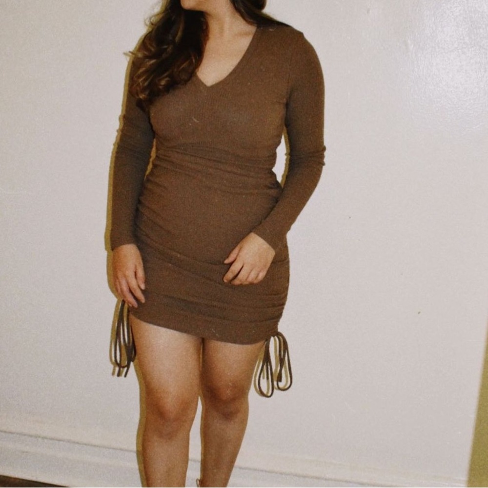 Chocolate Brown Rib Dress with Adjustable Drawstrings
